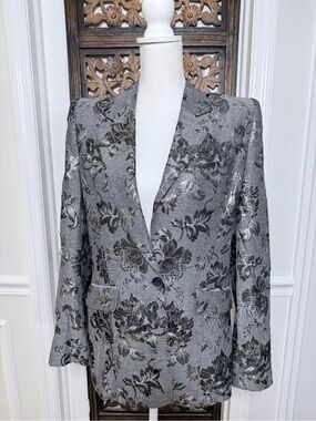 Alice + Olivia for Scoop Floral Woven Blazer Silk Lined Gray Silver Size L